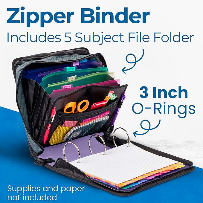 Case-it Mighty Zip Tab School Zipper Binder | 3-Inch O-Rings, 600-Sheet Capacity, 5-Subject Expanding File Folder, Multiple Pockets & Storage Organizer, Shoulder Strap | D-146 Lavender (Pack of 6)