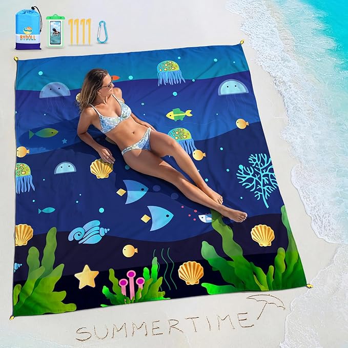 BYDOLL Beach Blanket Waterproof Sandproof 78''×110'' Suits1-7 Adults Compact Lightweight Oversized Sand-Free Blanket Large Picnic Mat for Beach Travel Camping Hiking
