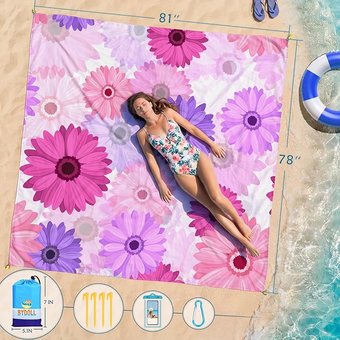 BYDOLL Beach Blanket Waterproof Sandproof 78''×81'' Suits1-4 Adults Compact Lightweight Oversized Sand-Free Blanket Large Picnic Mat for Beach Travel Camping Hiking