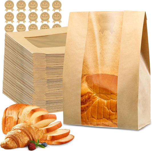 50 Pcs Bread Bags for Homemade Bread, Sourdough Paper With Window, 50% Thicker 13.7x8.2x3.7in A Large Bakery Bags Used for Storage Cookies & Snacks, 60 Cute Sealing Stickers With Ties