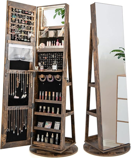 CHARMAID 360Â° Swivel Jewelry Armoire with Full Length Mirror, Rear Storage Shelves, Lockable Standing Jewelry Cabinet Organizer with Interior Vanity Mirror and 3-Color Lights (Rustic Brown)