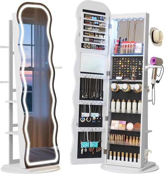 Vlsrka LED Mirror Jewelry Cabinet Standing, 360Â° Swivel Jewelry Aromire Organizer with Wavy Mirror, Lockable Jewelry Mirror with Storage, Jewelry Cabinet, Interior Mirror, Flodable Shelf, White