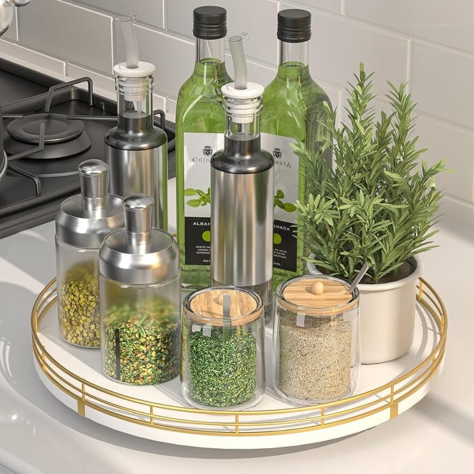 12" Wooden Lazy Susan Turntable for Cabinet â Round Rotating Spice Rack Organizer, White Kitchen Countertop Tray for Dining Table & Pantry Storage (White & Gold)