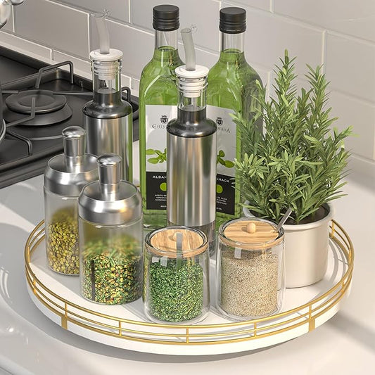 12" Wooden Lazy Susan Turntable for Cabinet â Round Rotating Spice Rack Organizer, White Kitchen Countertop Tray for Dining Table & Pantry Storage (White & Gold)