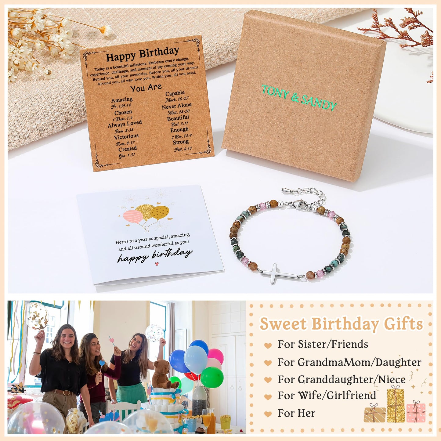 TONY & SANDY Birthday Gifts for Women, 30th 40th 50th 60th 70th 80th Birthday Gifts for Women Unique, Cross Bracelet, Happy Bday Presents for Her, Best Friend, Mom, Sister, Daughter, Wife