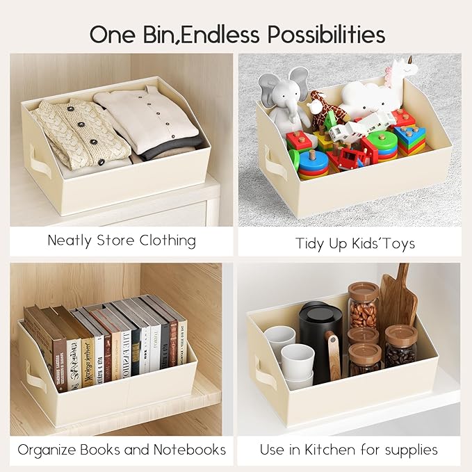 Large Closet Organizers and Storage Bins - 8 Pack Trapezoid Storage Baskets for Shelves, Foldable Fabric Baskets with Handles Ideal for Closet, Basket, Wardrobe and Shelf Storage, Beige