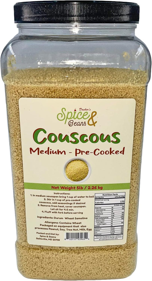 Medium Pre-cooked Couscous | Non-GMO | by Dasher's Spice & Beans | 5 lb. Container