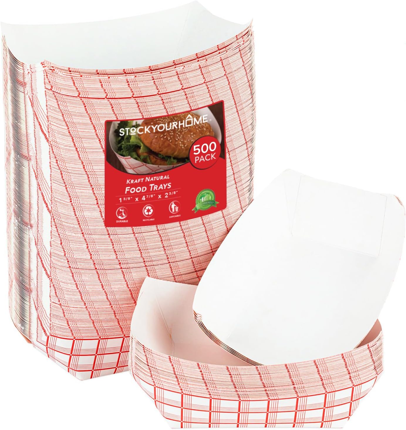 Stock Your Home Paper Food Boats (500 Pack) – 1 lb Disposable Red & White Checkered Serving Trays for Concession Items, Nachos & Condiments