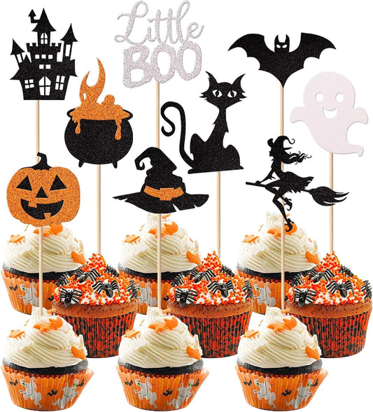 Rsstarxi 36 Pack Halloween Cupcake Toppers Glitter Bat Little Boo Pumkin Cupcake Picks Witch Hat Spooky Ghost Castle Cat Cake Decorations for Halloween Theme Baby Shower Kids Birthday Party Supplies