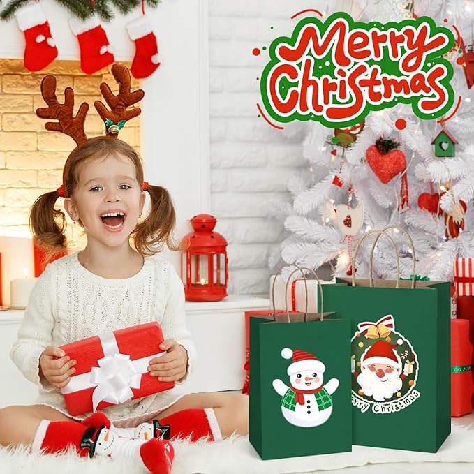 BagDream Forest Green Gift Bags with Handles Bulk 8x4.25x10.5 Inch 100Pcs Medium Kraft Paper Bags for Christmas, Thanksgiving, Craft, Party Favors, Retail, Grocery, Recyclable Paper Sacks
