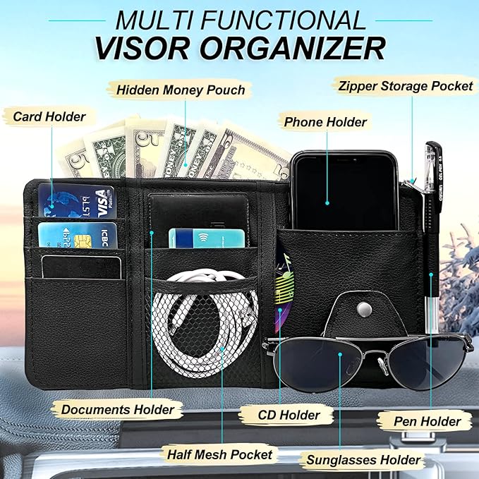 Keedolla Car Sun Visor Organizer, Auto Interior Accessories Pocket Organizer Visor Storage Pouch Sunglasses Holder with Zipper Pocket for Truck, SUV - Black