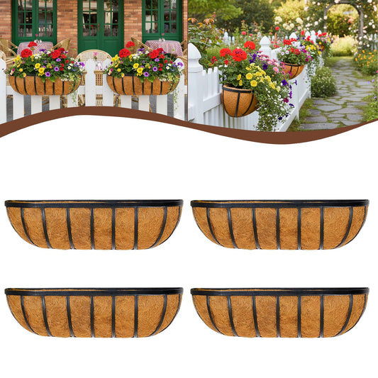 JFFLYIT 4 Pcs 36“ Railing Planter Window Box Deck Railing Planter Boxes with Coco Liner English Horse Trough Planters Metal Wall-Mounted Planters Basket for Outdoor Balcony Porch Fence Patio Rail