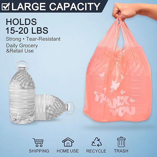 PINK Thank you bags, 200PCS T shirt bags, To Go Bags,Grocery bags, Reusable and Disposable,Perfect for Small Business,Take Out,Retails,11 inchx6 inchx21 inch(200),Large