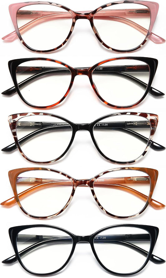 EYEURL 5 Pack Reading Glasses for Women-Cat Eye Blue Light Blocking Readers Fashion Computer Glasses with Spring Hinge Anti-Glare Readers for Women 1.5