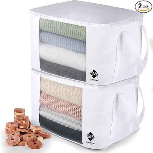 Sweater Storage for Closet â 2 Large Cotton Garment Bags, 30 Cedar Rings, & Mesh Window for Cashmere Sweaters â Wool & Cotton Sweater Organizer by Cashmere Kiwi, 15 x 11 x 9 In
