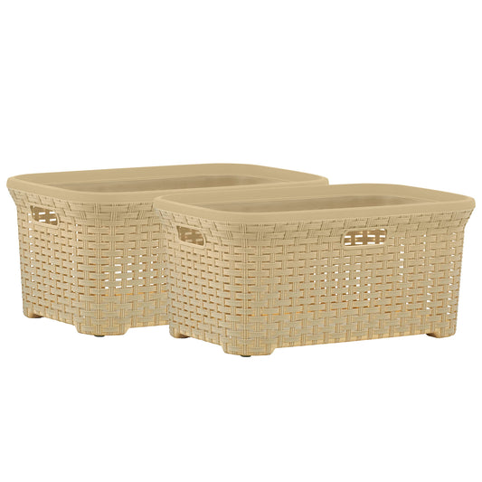Superio Laundry Basket Plastic Storage Hamper Basket, Beige Cloths Basket Organizer with Cut-Out Handles. Space Saving for Laundry Room Bedroom Bathroom, Wicker Design 50 Liter (2 Pack)