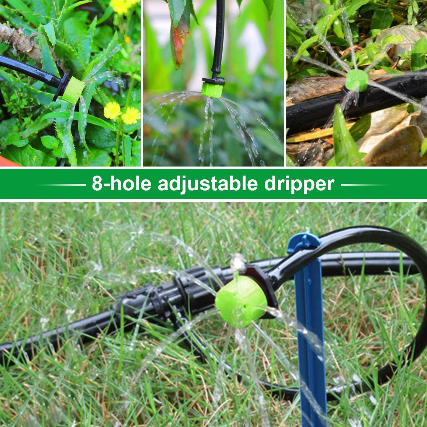 Kalolary 200Pcs Adjustable Irrigation Drippers, 1/4 Inch Barbed Drip Emitter 360 Degree Watering Sprinklers Anti-Clogging Drippers for 4mm/7mm Garden Watering System（Green）