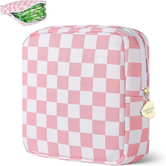Sanitary Pad Storage Bag Portable Period Bag for Teen Pads/Sanitary Napkins/Small Tampons, Sanitary Napkin Storage Bag First Period Gifts for Teen Girls (Pink-White Checker)
