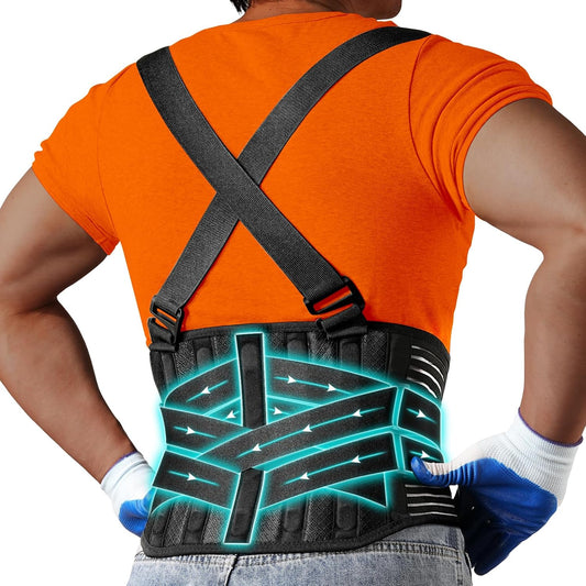 Plus Size Work Back Brace with 2 Removable Suspender Shoulder Straps for Heavy Lifting Safety - Back Posture Corrector Support Belt for Men Women in Construction, Warehouse Jobs 2XL/3XL
