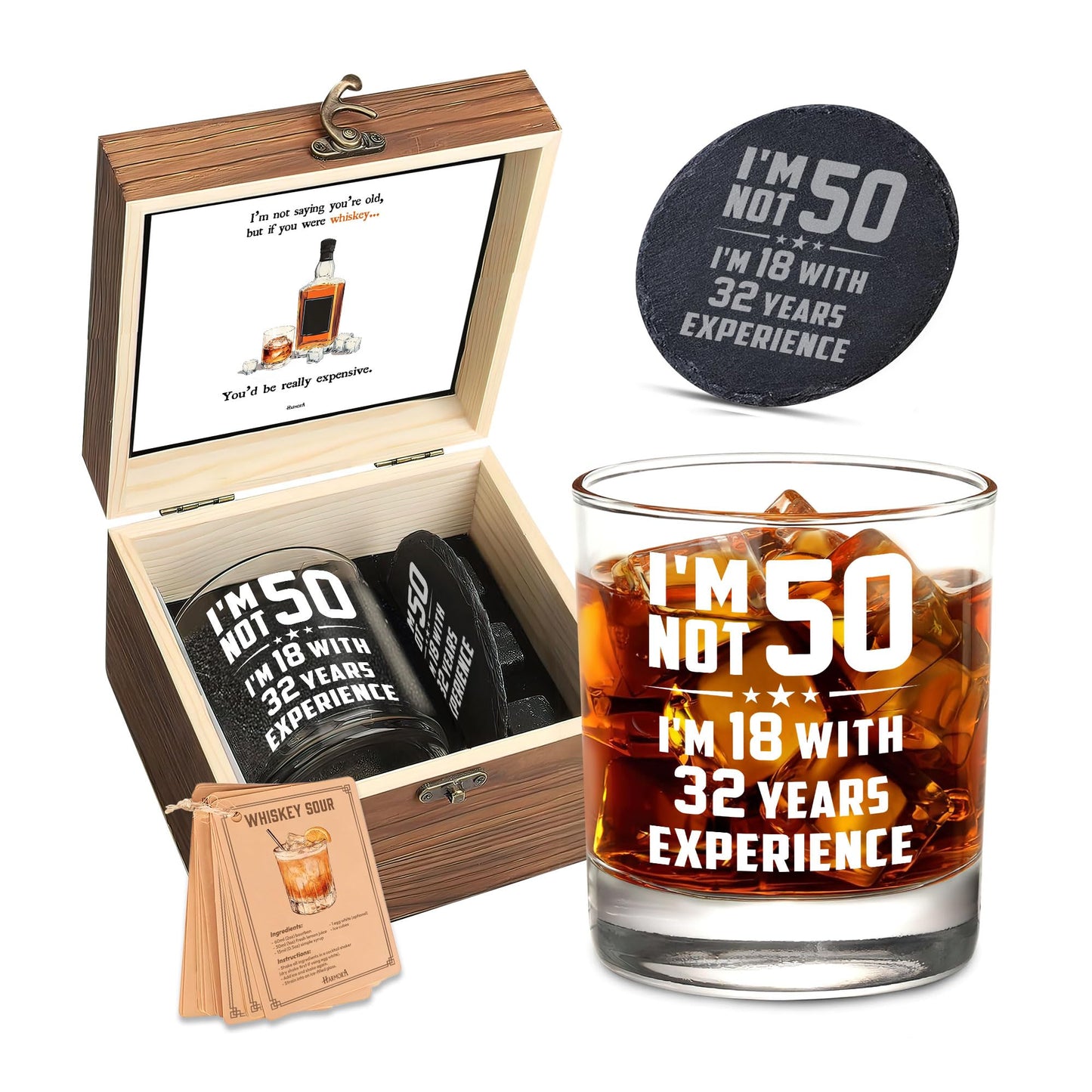 Harmora 50th Birthday Gifts for Men – Funny Whiskey Glass Set for Him Born in 1975 – 50 Year Old Gift Ideas for Dad, Husband, Friends – Wooden Box, Coaster, Cards