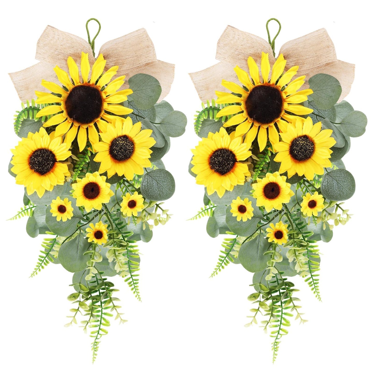 24in Artificial Sunflowers Teardrop Swag Spring Summer Sunflowers Floral Swag Wreath with Burlap Bow Fake Yellow Sunflower Garland for Front Door Indoor Outdoor Window Home Decor