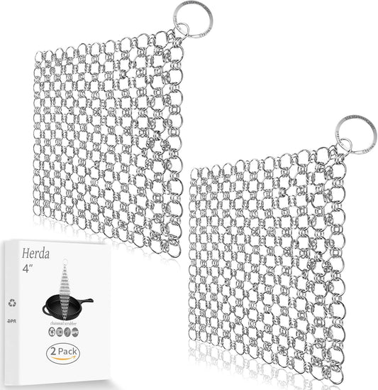 2Pack 4" Chain Mail Cast Iron Cleaner Scrubber, 316 Chainmail Scrubber Cast Iron Skillet Cleaning Brush, Chainmail Scrubbing Metal Scrub Tool to Clean Dutch Oven Carbon Steel Wok Grill Pan Pot