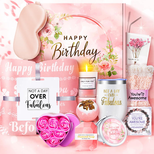 15PCS Birthday Gifts for Women-Pink Self Care Package Get Well Soon Gifts, Relaxing Spa Gift Female Friendship Thinking of You Care Package for Mom Her Wife Girlfriend Friend Sister
