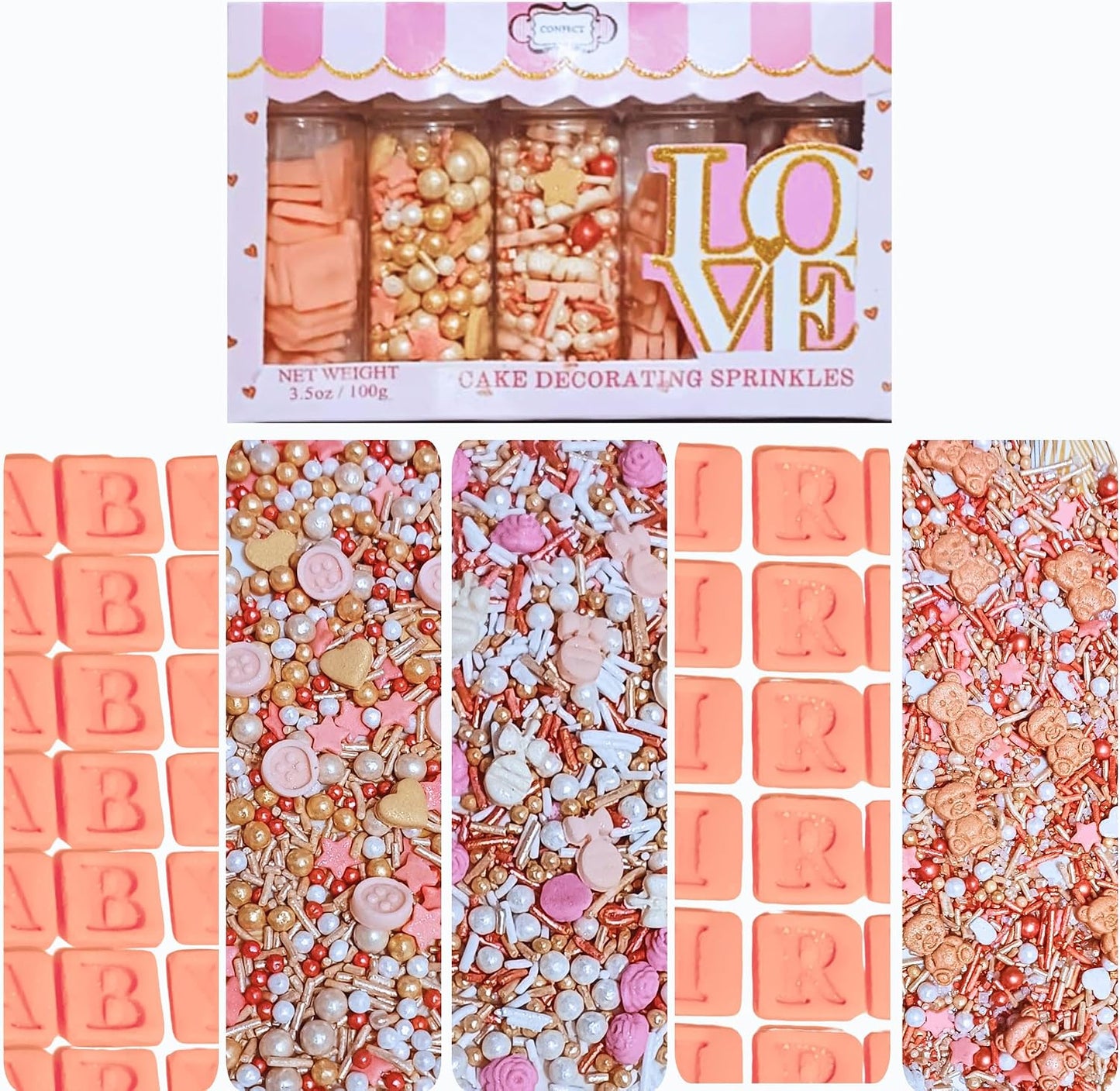 Confect Girls Baby Shower Sprinkles | Gender Reveal Sprinkles | Assorted Pack of 5 Mix Rose Gold, Peach, Blush Pink & Gold Edible Sprinkle | Vegan, Gluten-Free, Nut-Free, Soy-Free, Dairy-Free, Palm Oil-Free - 5 Oz