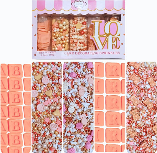 Confect Girls Baby Shower Sprinkles | Gender Reveal Sprinkles | Assorted Pack of 5 Mix Rose Gold, Peach, Blush Pink & Gold Edible Sprinkle | Vegan, Gluten-Free, Nut-Free, Soy-Free, Dairy-Free, Palm Oil-Free - 5 Oz