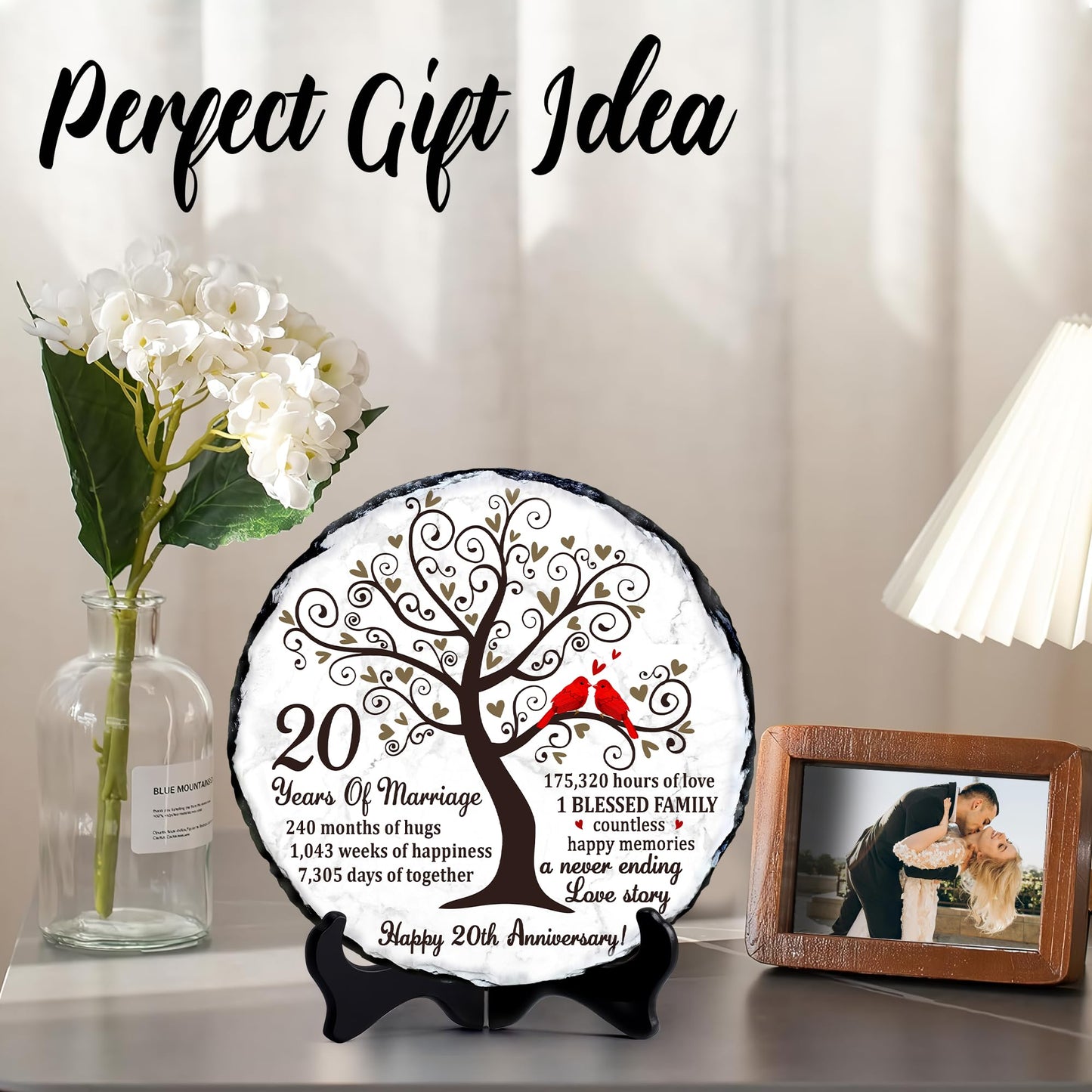 Bozspacer China Anniversary Slate Plate – 20th Anniversary Wedding Gifts for Couples, Husband, Wife or Parents – Elegant Slate Keepsake to Celebrate 20 Years of Marriage
