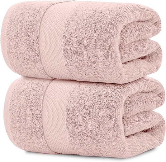 White Classic Pink 650 GSM Cotton Bath Sheet Towel - Extra Large 35x70, Luxury Soft, Highly Absorbent, Quick Dry, 2 Pack
