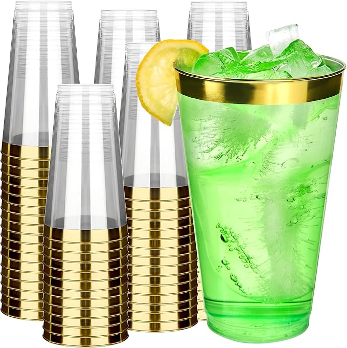 RACETOP 16 oz 200 Pack Disposable Plastic Cups with Gold Rim, Disposable Gold Rim Plastic Cups for Parties, Weddings, Gatherings, and Festival Events