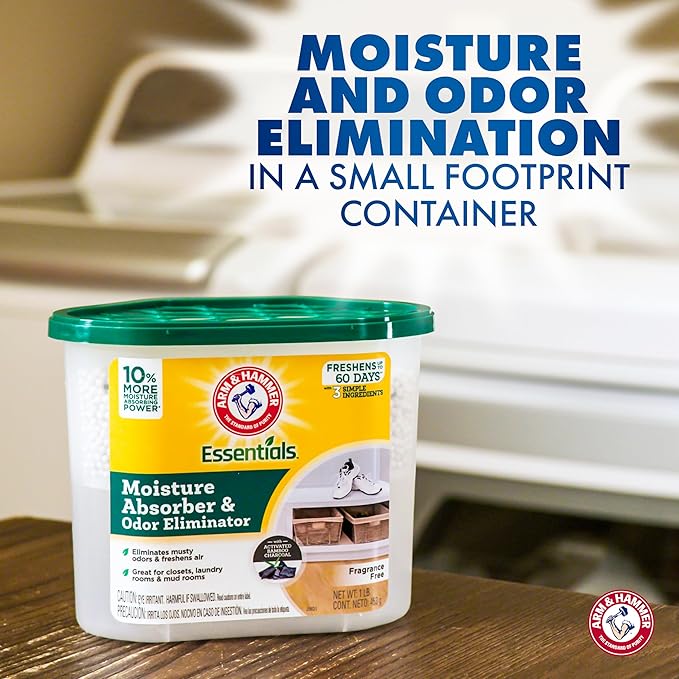 Arm & Hammer Essentials Disposable Moisture Absorber and Odor Eliminator Tub, Fragrance Free, 1 lb., Attracts and Traps Excess Moisture, Ideal Closet Dehumidifier (Pack of 3)