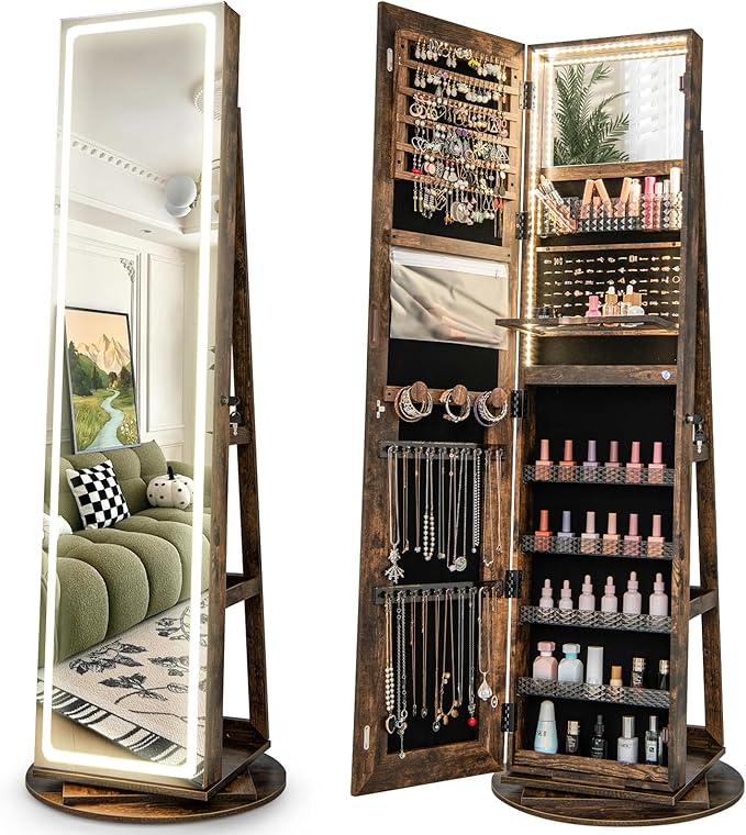 CHARMAID 360Â° Rotating Jewelry Armoire with LED Lighted Full Length Mirror & Built-in Vanity Mirror, Lockable Standing Jewelry Cabinet with Lights, Large Storage Organizer for Jewelry (Rustic Brown)