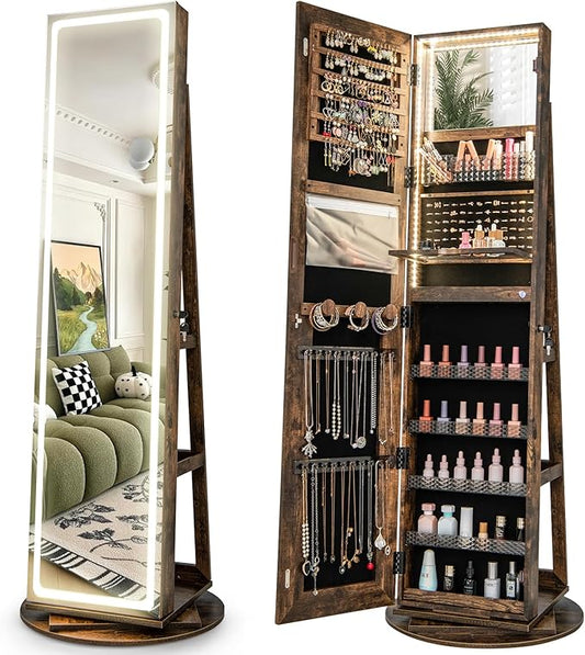 CHARMAID 360Â° Rotating Jewelry Armoire with LED Lighted Full Length Mirror & Built-in Vanity Mirror, Lockable Standing Jewelry Cabinet with Lights, Large Storage Organizer for Jewelry (Rustic Brown)