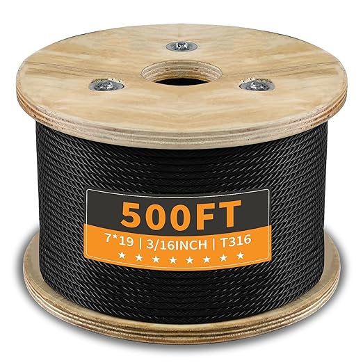 T316 Black 3/16â Stainless Steel Cable 500ft Wire Rope 7x19 Strands Marine Grade Aircraft Cable 3700lbs Breaking Strength, Cable for Stair Fence Porch Deck Cable Railing, Clothesline & Yard Zipline