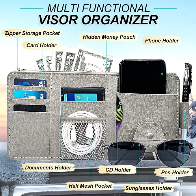 Keedolla 2Pcs Car Sun Visor Organizer with Zipper Pocket, Car Truck Visor Storage Pouch Holder Travel Auto Document Holder for Mobile Phone, Sunglasses, Card - Gray