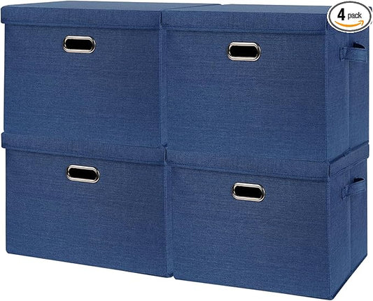 SNWDN 4 Pack Collapsible Fabric Storage Bins with Lids Fabric storage box with lids for closet organizers and storage (Dark Blue 14.6x10.6x10.2 inches)