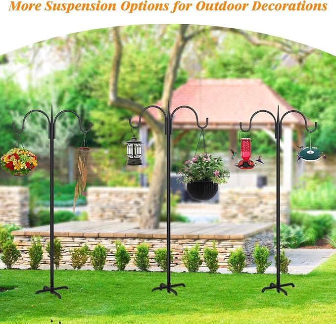 FEED GARDEN Heavy Duty Shepherds Hook 76" Double Hooks Adjustable (44/60/76") - Alloy Steel 5-Prong Base, 17lb Capacity - Easy Assembly Bird Feeder Pole for Hanging Planters, Lanterns, Wind Chimes