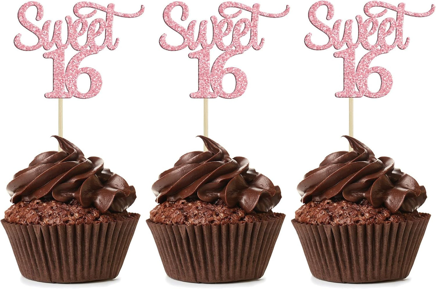Gyufise 24Pcs Sweet 16 Cupcake Toppers Pink Glitter 16th Birthday Cake Pick Decorations for 16th Birthday Anniversary Party Supplies