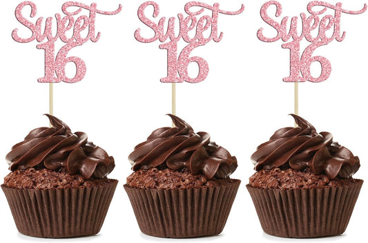 Gyufise 24Pcs Sweet 16 Cupcake Toppers Pink Glitter 16th Birthday Cake Pick Decorations for 16th Birthday Anniversary Party Supplies