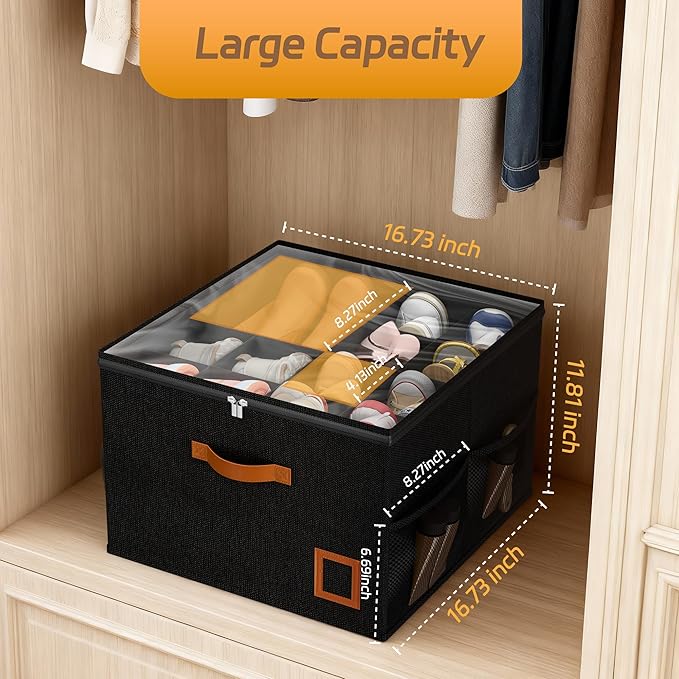 Shoe Organizer for Closet, 1 Pack Foldable Shoe Storage Organizer Box with Adjustable Dividers and Clear Cover, Space Saving Shoe Box with Reinforced Handles, Fits 8-16 Pairs, Black