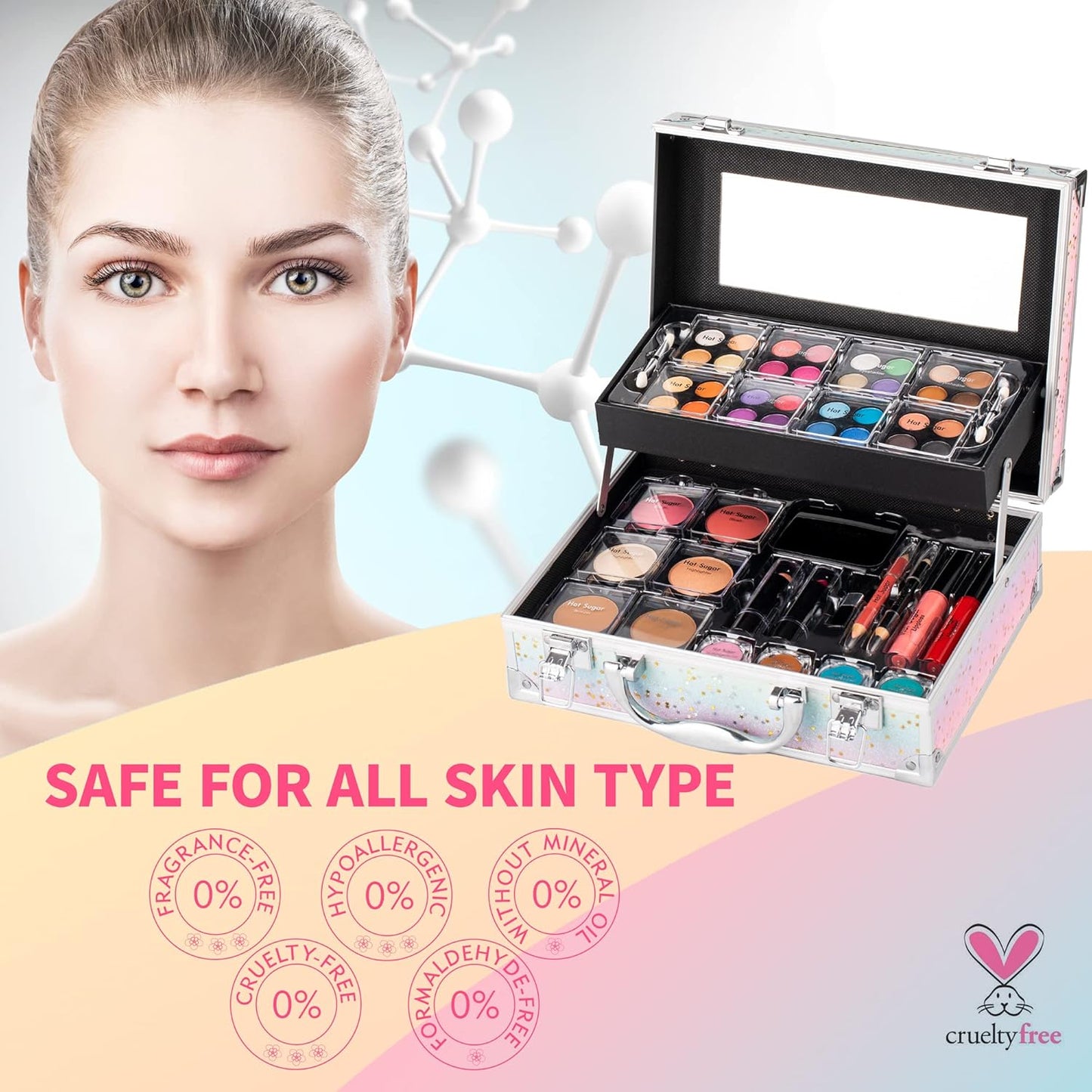 Hot Sugar Makeup Kit for Women Full Kit Teen Girls Starter Cosmetic Gift Set with Beautiful Rainbow Train Case Includes Pigmented Eyeshadow Palette Blush Lipstick Lip Pencil Eye Pencil (Rainbow)