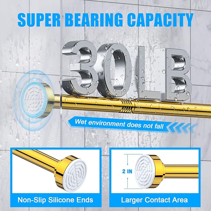 TEECK Shower Curtain Rod, 32-92 inch Adjustable Spring Tension Curtain Rod, Never Rust Anti-Slip Shower Curtain Rod for Bathroom, No Drilling, Never Collapse, Easy to Use, Gold