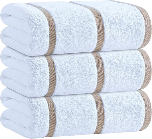 White Classic Cotton Pool Towels Oversized 35 x 70 Inches, Ultra Absorbent and Low Lint Striped Beach Towels for Adults, Stripes Design Luxury Extra Large Bath Towels, Cream Beige, 3 Pack