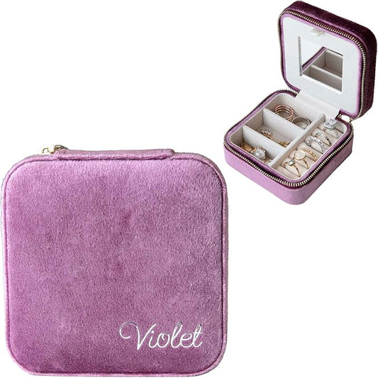 Customizable Compact Velvet Jewelry Box with Mirror, Travel Jewelry Case, Travel Jewelry Organizer, Jewelry Box for Women and Girls, Small Jewelry Organizer (Bottom Right Text, Mulberry)