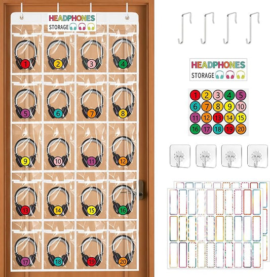 Classroom Headphone Storage Organizer with 20 Pockets, PVC Clear Headphone Holder for Classroom Storage Office School Teaching Aids Storage Home Over-the-Door Hanging Bag with 51 Labels (1pcs)