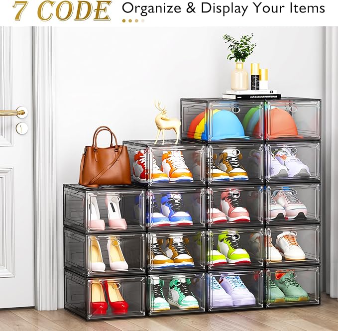 12 Pack Clear Shoe Storage Organizer with Magnetic Door, Stackable Plastic Shoe Boxes for Sneakers, Boots, and Heels, Space-Saving Foldable Shoe Rack for Closet, Durable Shoe Cabinet Organizer, Black