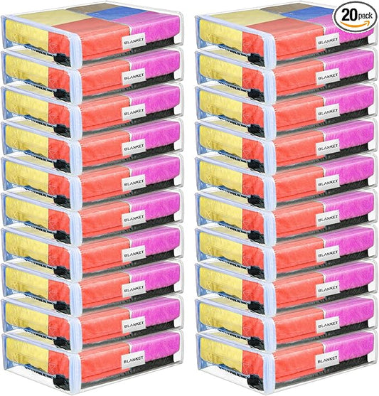 Kenning Set of 20 Clear Zippered Storage Bags for Sheet Organizer Plastic Sweater Bags with Handle Pocket Vinyl Bag for Bed Blanket Throw Pillow Toys(White,12 x 10 x 4 Inch)