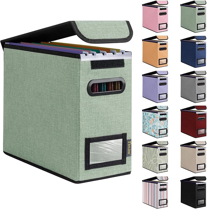 BALEINE File Organizer Box with Lid, Collapsible File Folder Organizer with Plastic Slide, Hanging File Folder Box for Office Document Storage (1 Pack, Green, S)